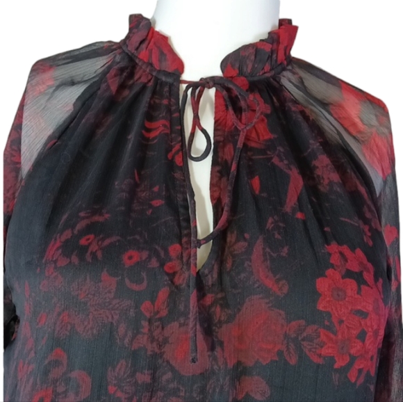 NWOT H&M Red & Black Floral Georgette / Spring Dress & Sheer Long Sleeves Size 8 - Picture 4 of 10